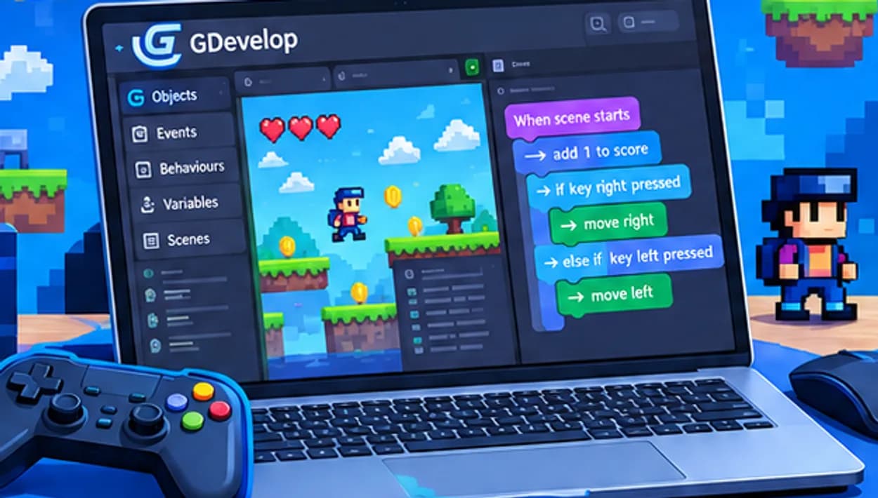 The GDevelop editor showing a 2D platformer scene beside the event sheet that drives it