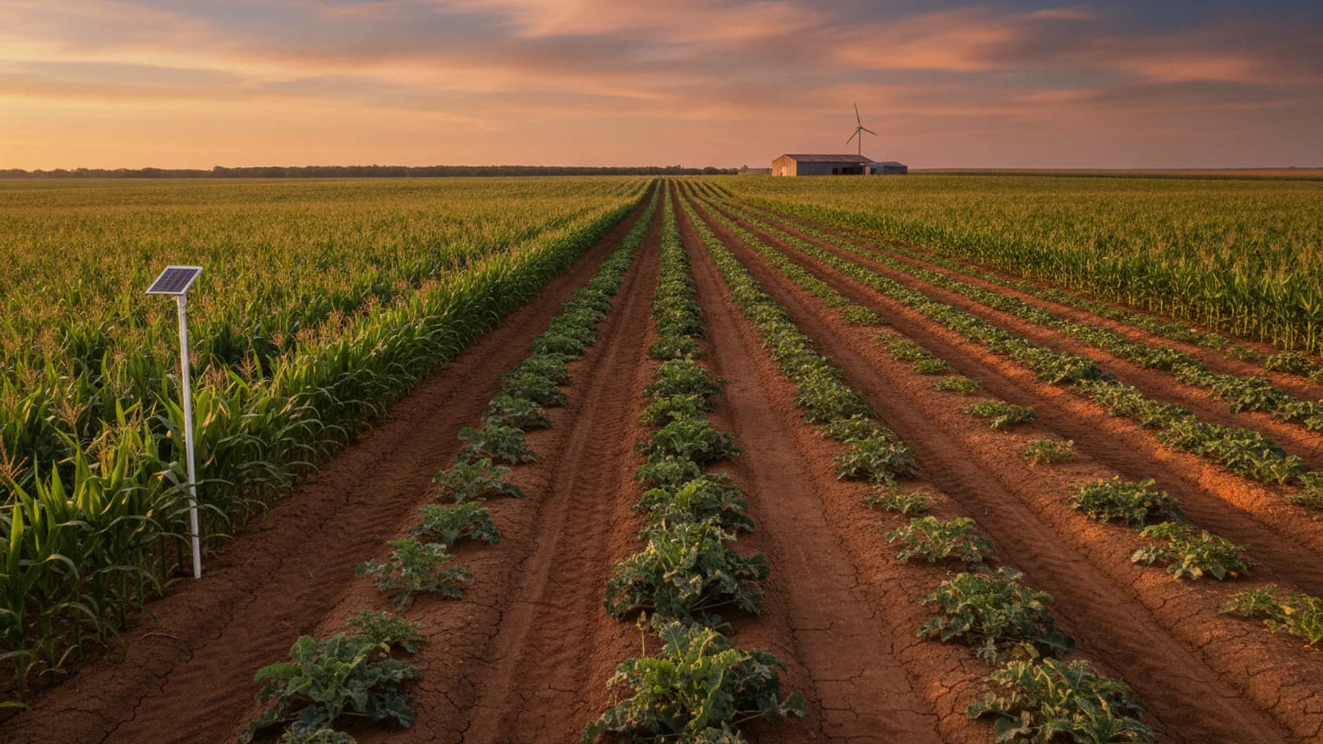 A smallholder crop field at golden hour with a solar-powered sensor pole standing among the rows