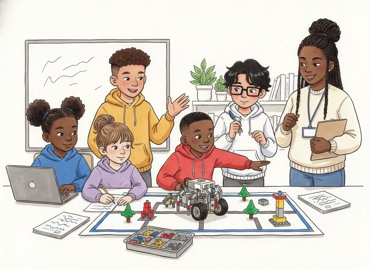 Cinque bambini e la loro coach attorno a un tavolo della FIRST LEGO League, mentre discutono allegramente sulla direzione che dovrebbe prendere il robot