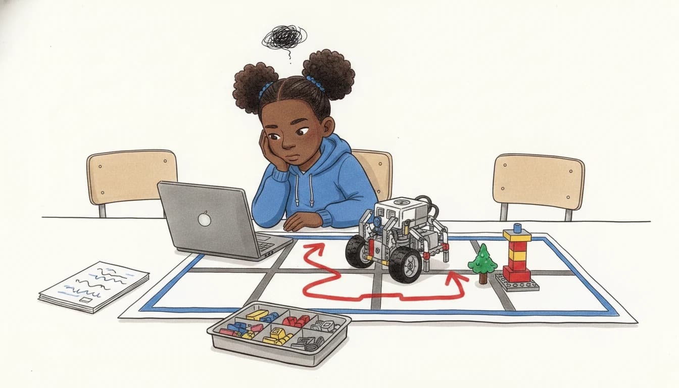 Una bambina bloccata da sola, con il robot fuori percorso sul tappeto