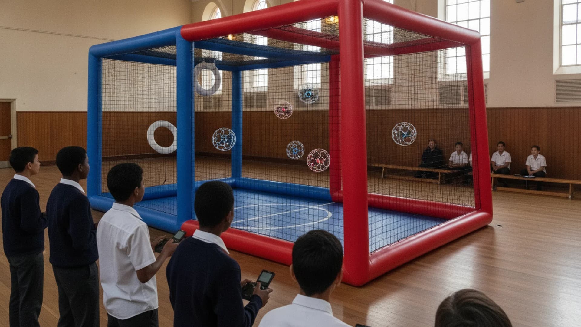 Schülerinnen und Schüler außerhalb einer aufblasbaren NetzArena in einer Schulturnhalle, die geschützte Fußballdrohnen in Richtung eines Tor-Rings steuern