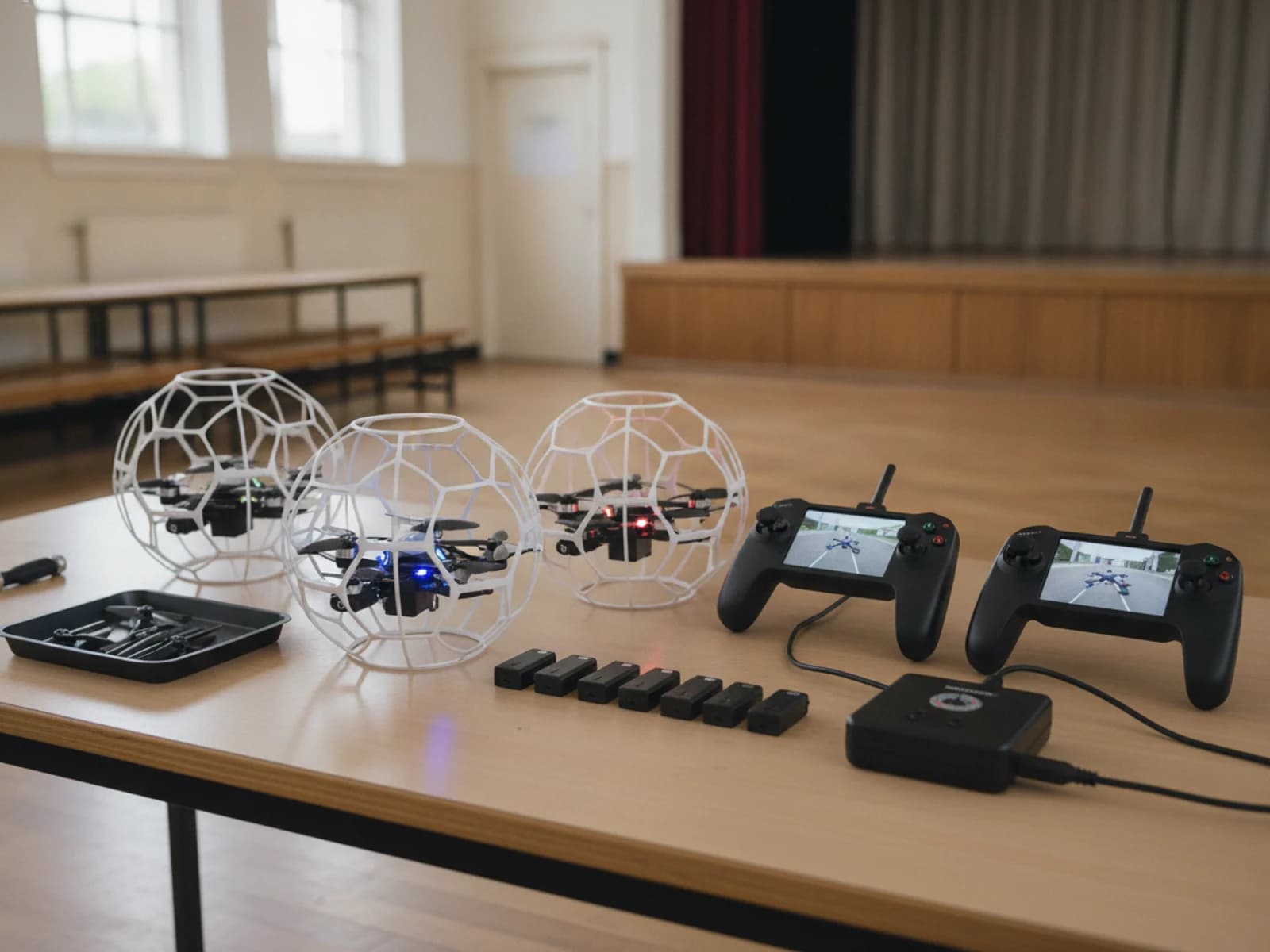 Ein Drohnenfußball-Teamset auf einem Tisch: Drohnen mit Schutzkäfig, Fernsteuerungen mit integrierten Bildschirmen, Akkus, eine Ladestation und Ersatzpropeller