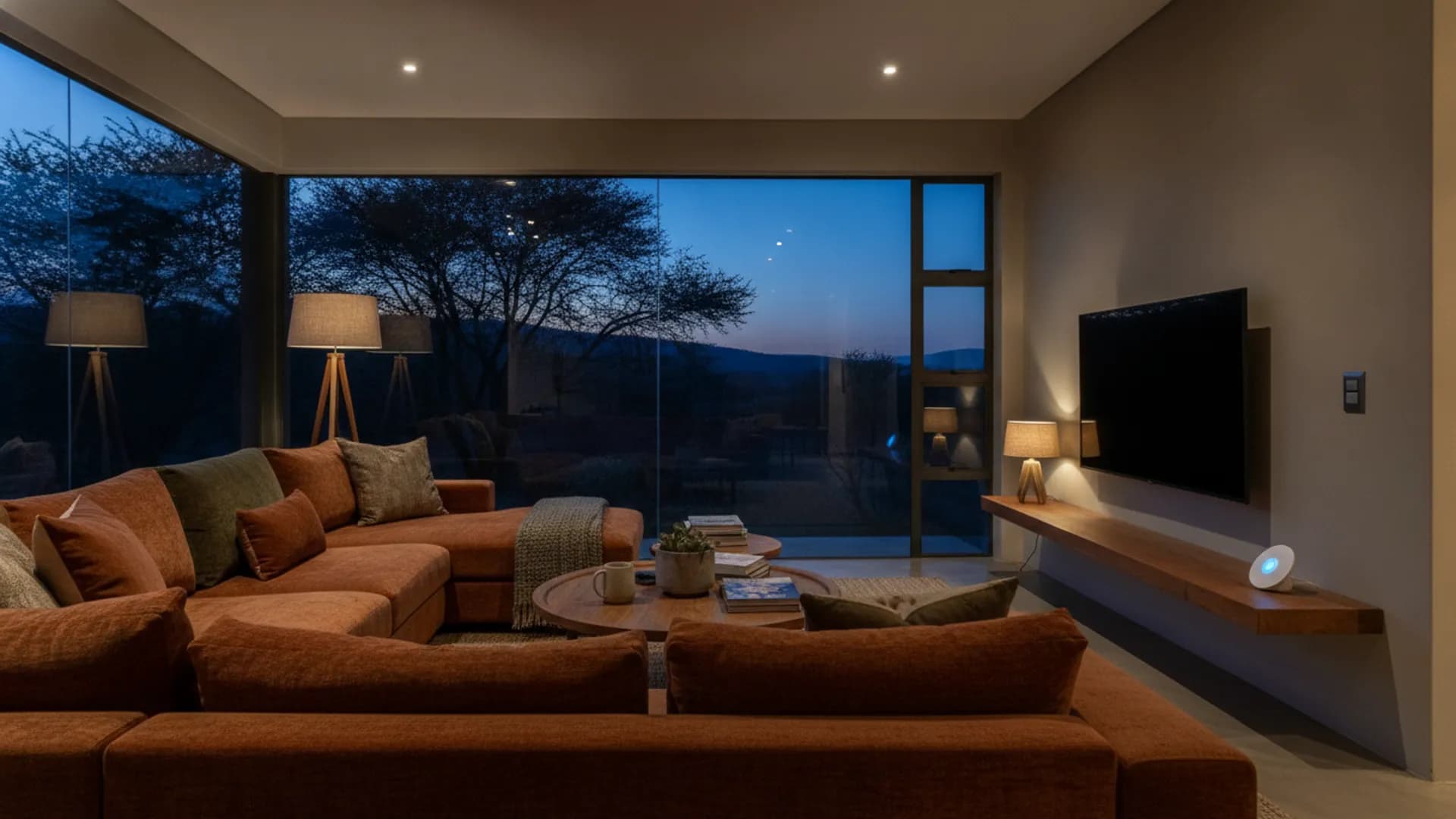 A living room at dusk with a small smart hub glowing on the shelf beside the TV