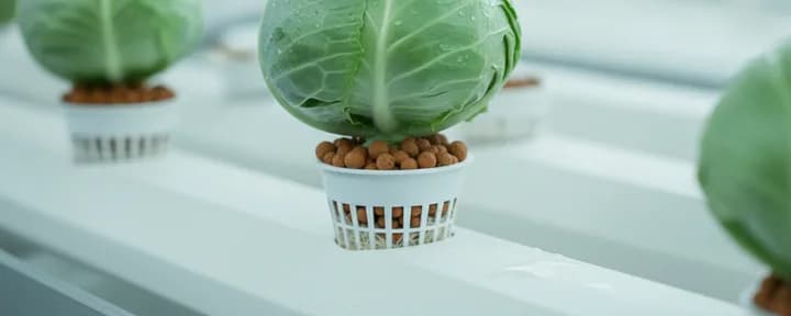 生长在水培定植篮中的无土卷心菜