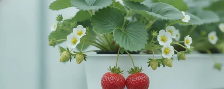 生长在水培定植篮中的无土草莓
