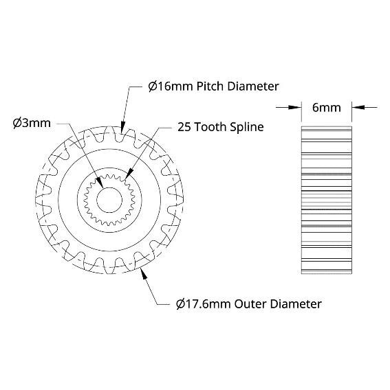 4307 Series Steel, MOD 0.8, Servo Gear (25 Tooth Spline, 20 Tooth) technical drawing