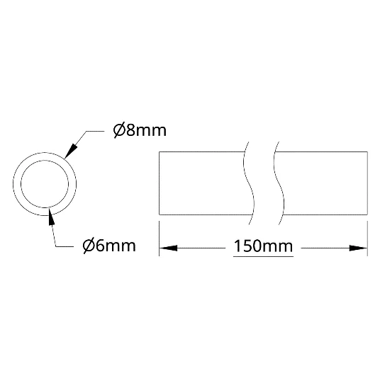 6100Series Aluminum Tube (6mm ID x 8mm OD, 150mm Length) technical drawing
