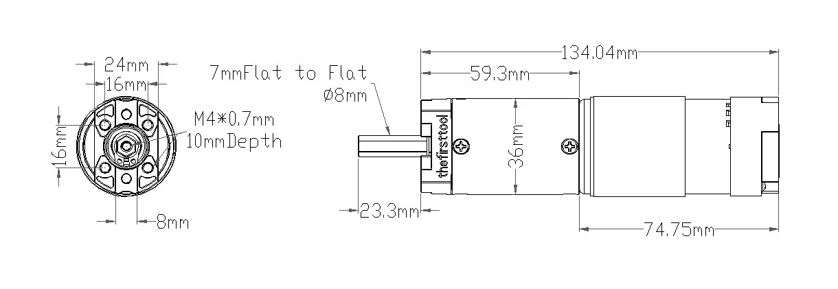 7203 Series Planetary Gear Motor (188:1 Ratio, 24mm Length 8mm REX Shaft, 30 RPM, 3.3 - 5V Encoder) technical drawing
