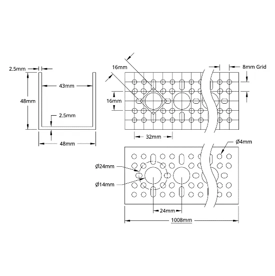 3120 Series U-Channel (41 Hole, 1008mm Length) technical drawing