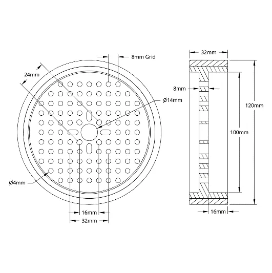 5614 Series Rhino Wheel (14mm Bore, 120mm Diameter, 30A Durometer) technical drawing