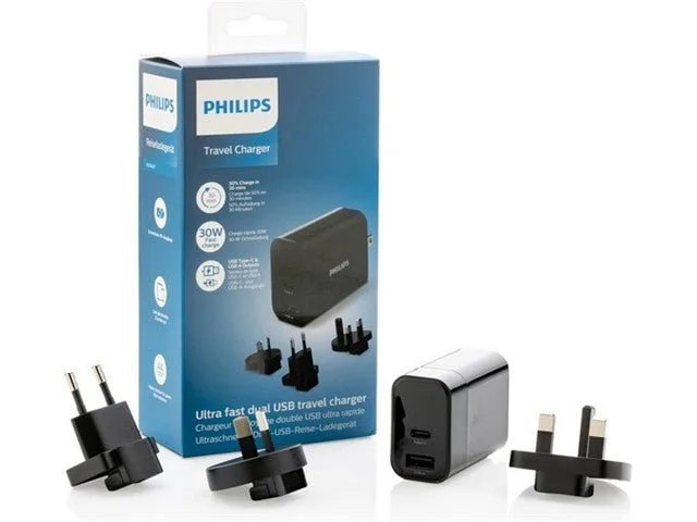 Philips 30W Dual USB Travel Charger with USB-C PD and USB-A
