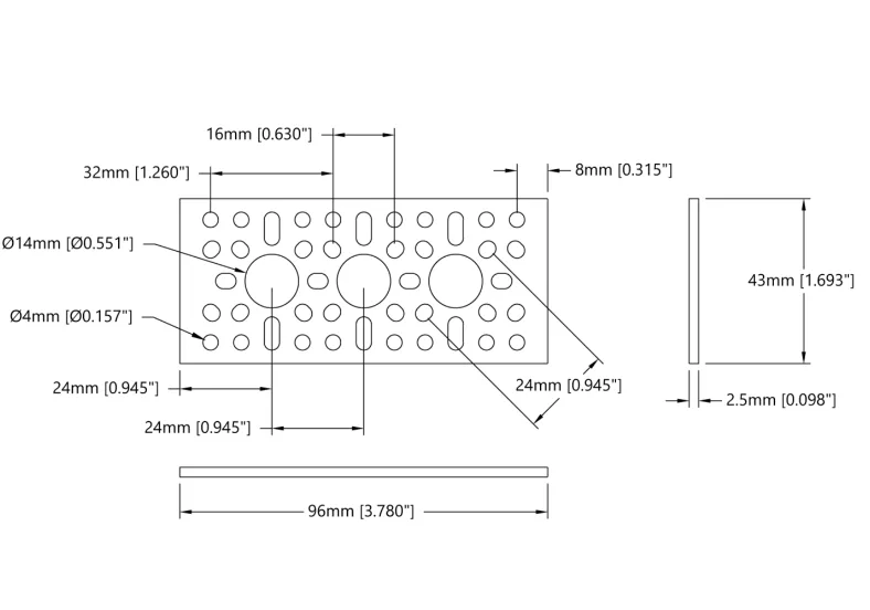 3123 Series Pattern Plate (1 x 3 Hole, 43 x 96mm) technical drawing