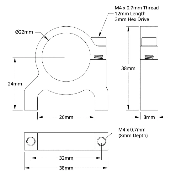 3400 Series 1-Side, 2-Post Clamping Mount (22mm Bore) technical drawing