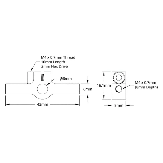 3402 Series 2-Side, 1-Post Clamping Mount (43mm Width, 6mm Bore) technical drawing