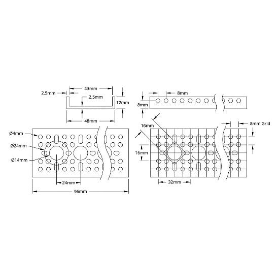 3121 Series Low-Side U-Channel (3 Hole, 96mm Length) technical drawing