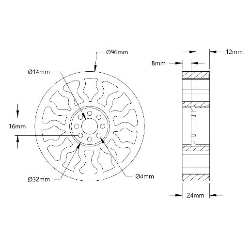 5613 Series Gecko™ Wheel (14mm Bore, 96mm Diameter) technical drawing