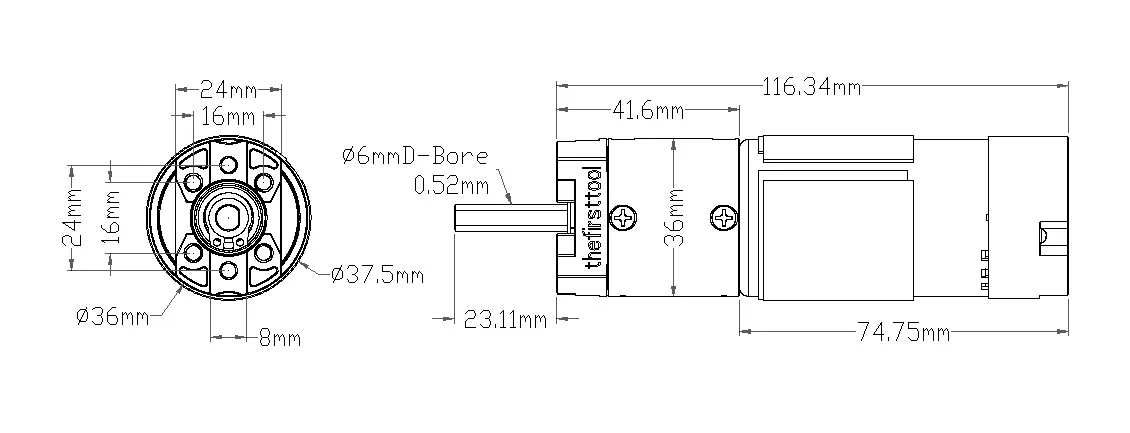7202 Series Planetary Gear Motor (26.9:1 Ratio, 24mm Length 6mm D Shaft, 223 RPM, 3.3 - 5V Encoder) technical drawing