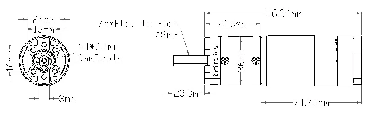 7203 Series Planetary Gear Motor (19.2:1 Ratio, 24mm Length 8mm REX Shaft, 312 RPM, 3.3 - 5V Encoder) technical drawing