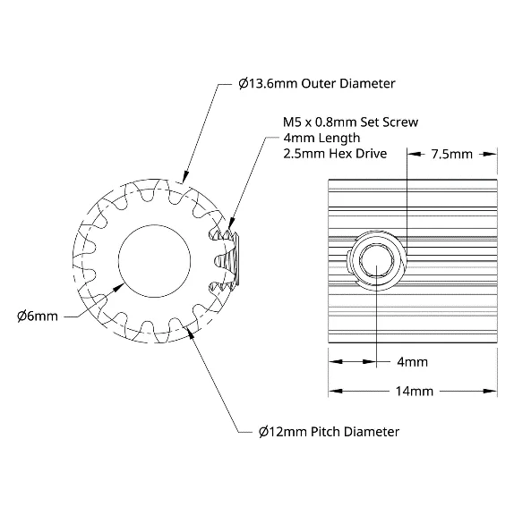 4304 Series Brass, MOD 0.8, Round Bore, Set Screw Pinion Gear (6mm Bore, 15 Tooth) technical drawing
