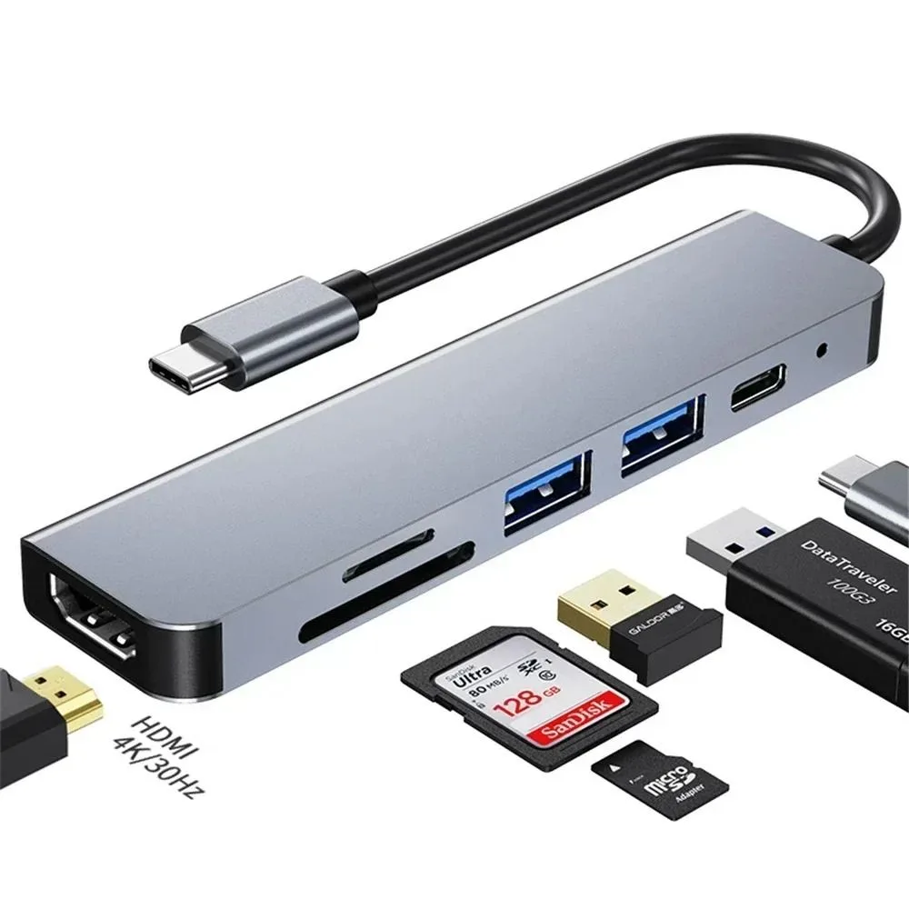 6-in-1 Multi-function Type-C Hub - 4K HDMI, 87W PD, Dual USB 3.0 & SD/TF