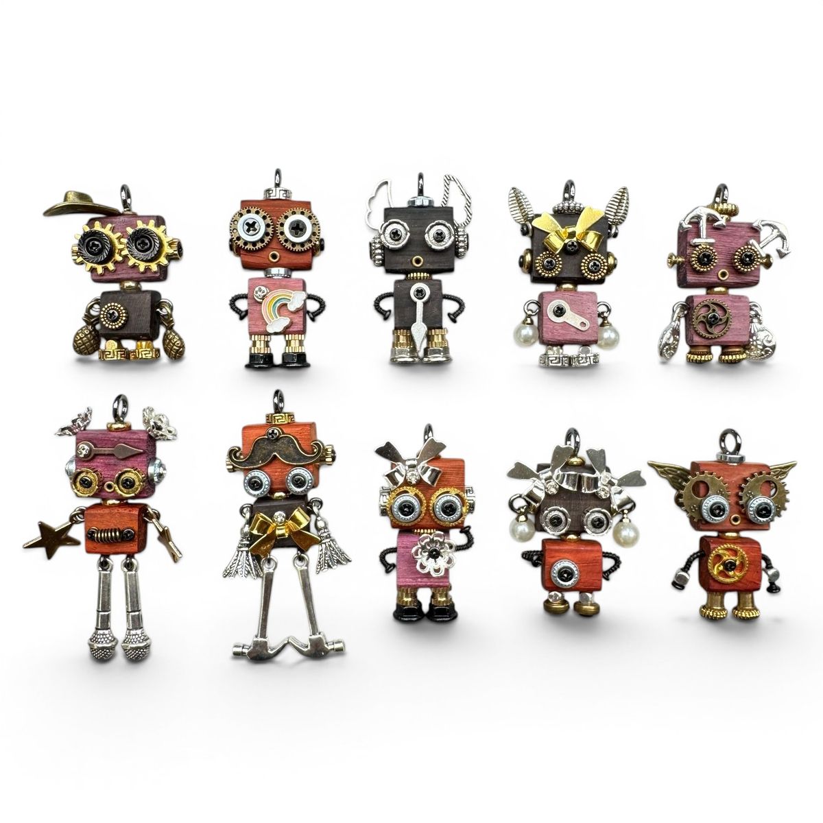 Set of 10 Wood & Metal Steampunk Robot Keychains Necklace Pendants