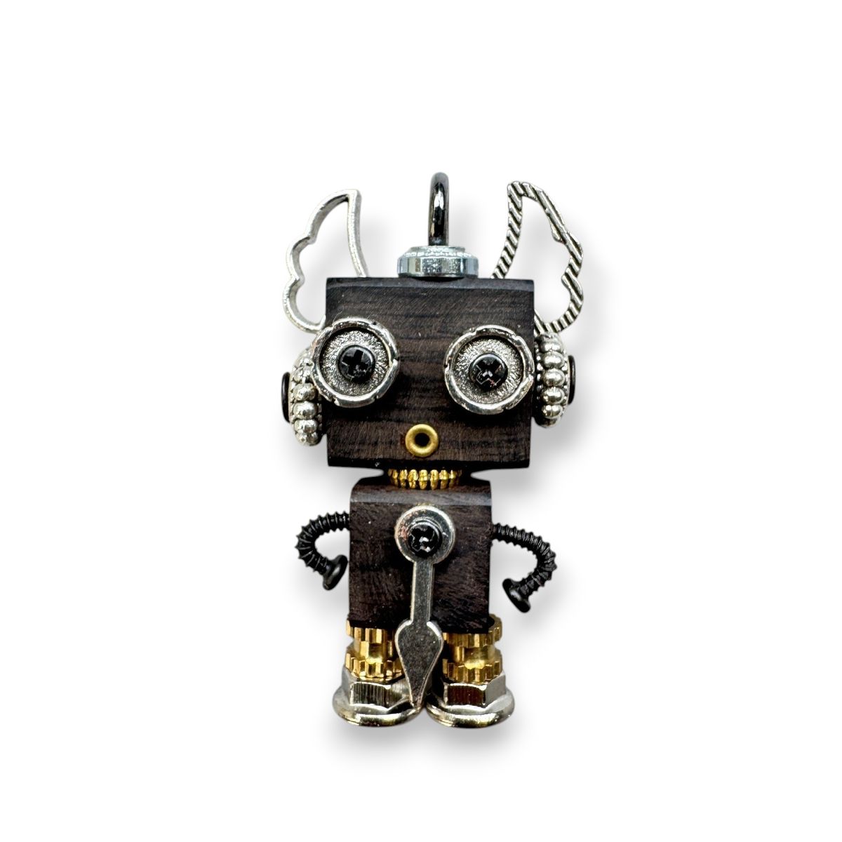 Handcrafted Unisex Wood & Metal Steampunk Robot Charm Pendant - Cat Ears & Gear