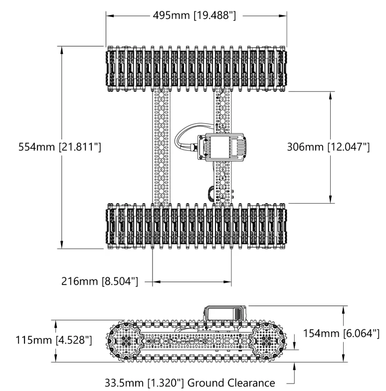 Bravo RC Tank Track Chassis (Rubber Treads,50lb Payload, 2mph) technical drawing