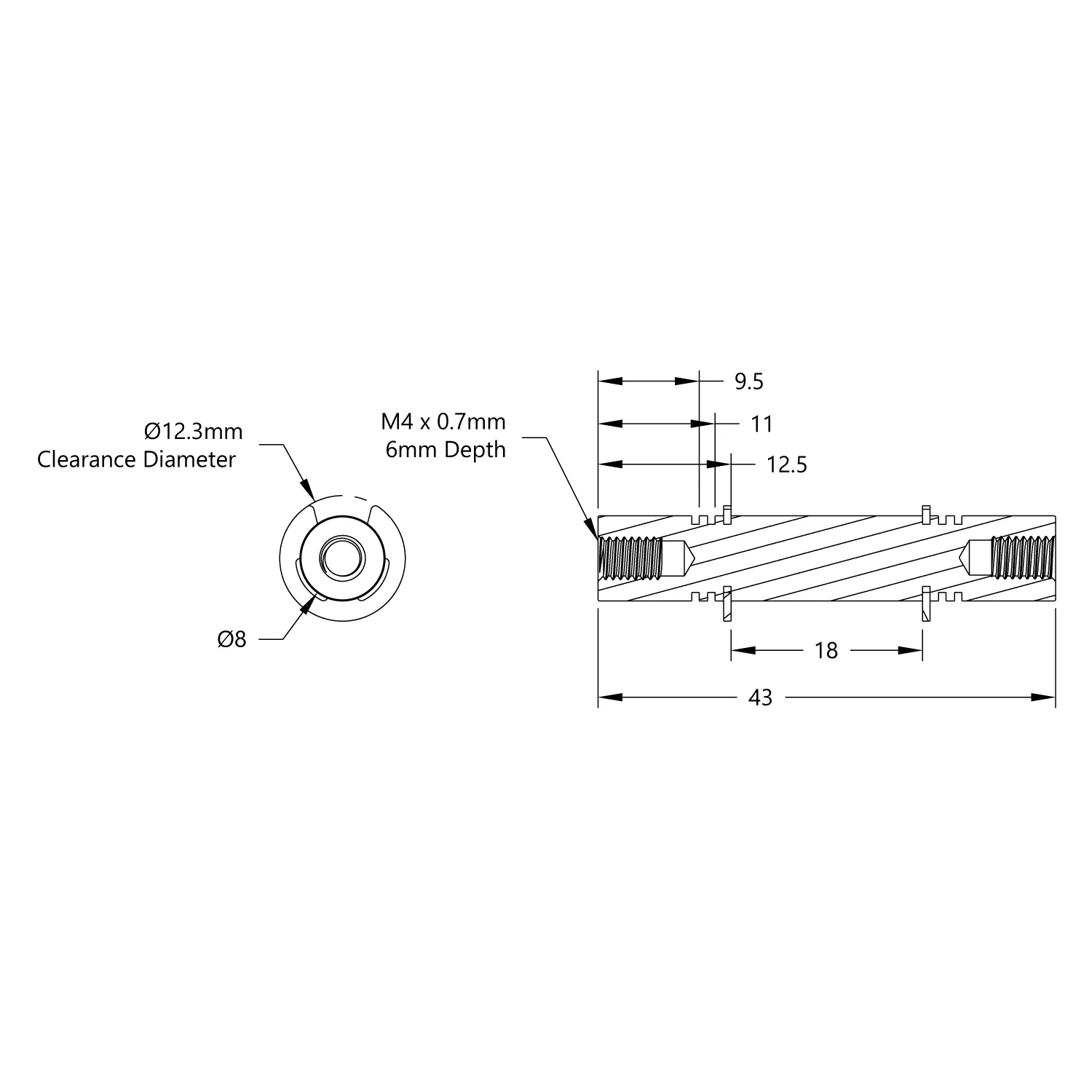 3523 Series Stainless Steel M4 x 0.7mm Standoff (8mm Diameter, 43mm Length) technical drawing