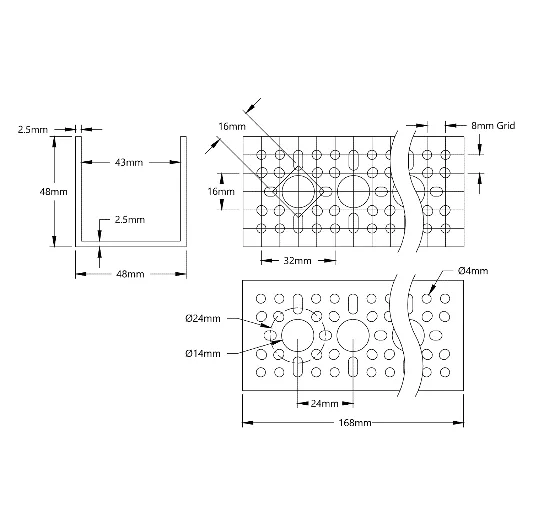 3120 Series U-Channel (6 Hole, 168mm Length) technical drawing