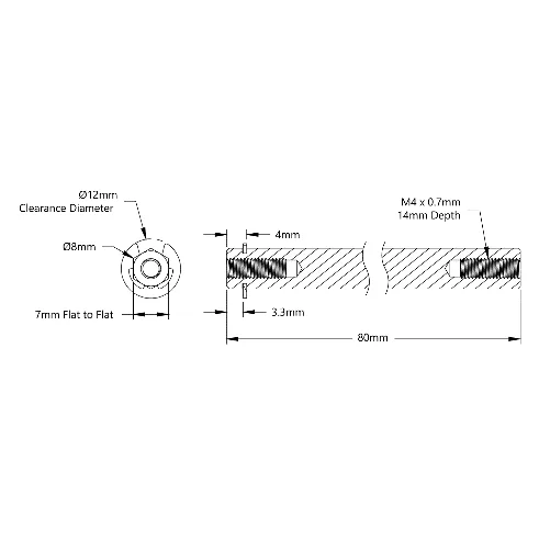 4106 Series Stainless Steel REX Shaft (8mm Diameter, 80mm Length) technical drawing