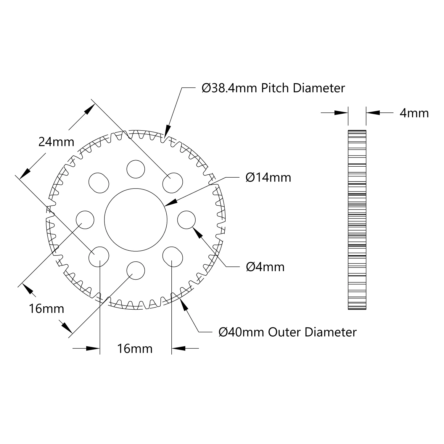 48 Tooth Aluminum Hub-Mount Gear (MOD 0.8, 4mm Thick , 14mm Bore) technical drawing