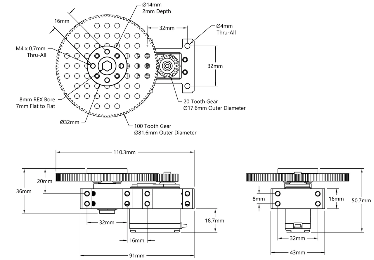 Stingray-5 Servo Gearbox (0.85 sec/60°, 12 RPM, 1750 oz-in Torque, 360° Rotation) technical drawing