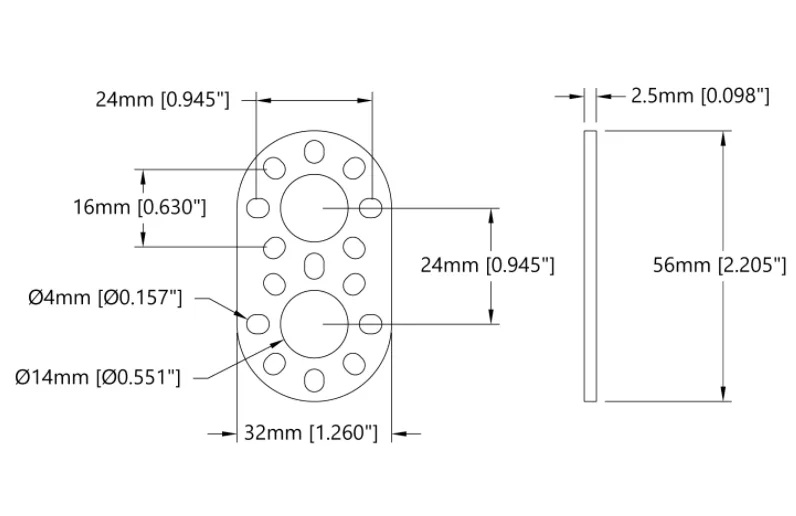 3105 Series Round-End Pattern Plate (2 Hole, 56mm Length) technical drawing