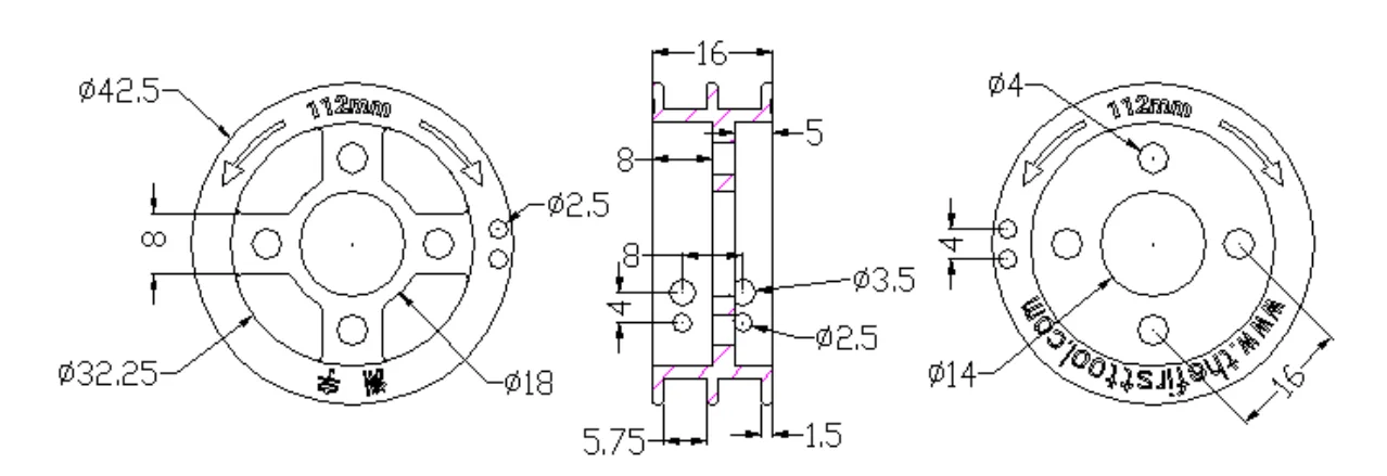 5407 Series Hub-Mount Winch Pulley (Dual Spool, 112mm Circumference) technical drawing