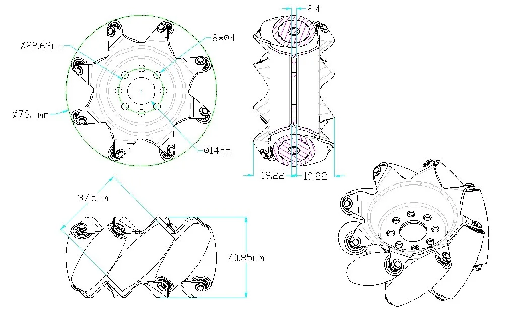 3"MECANUM WHEEL(right) technical drawing