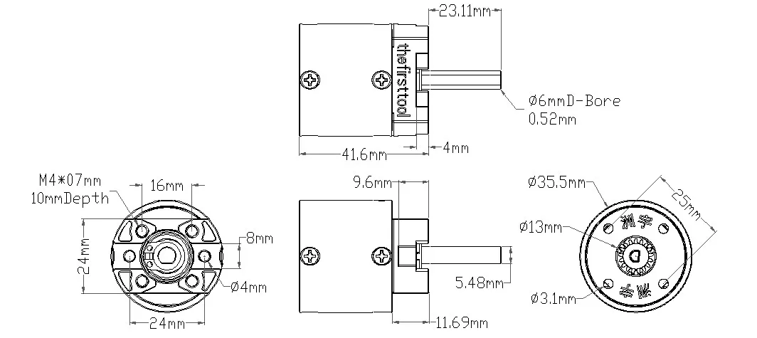 7102 Series Planetary Gearbox (19.2:1 Ratio, 24mm Length 6mm D Shaft) technical drawing