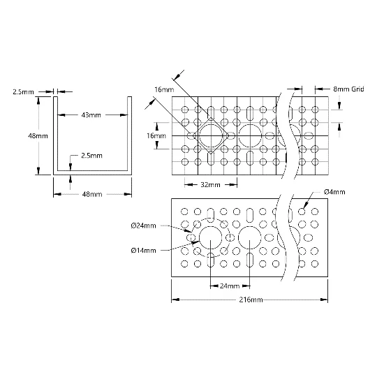 3120 Series U-Channel (8 Hole, 216mm Length) technical drawing