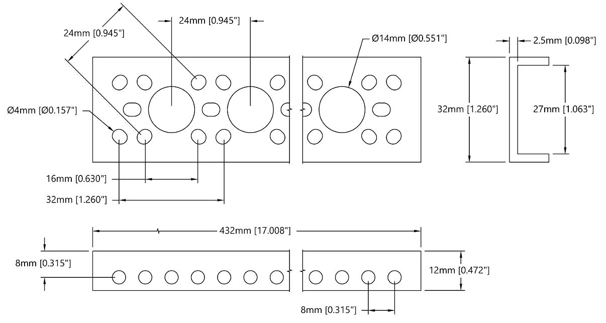 3143 Series Mini Low-Side U-Channel (17 Hole, 432mm Length) technical drawing