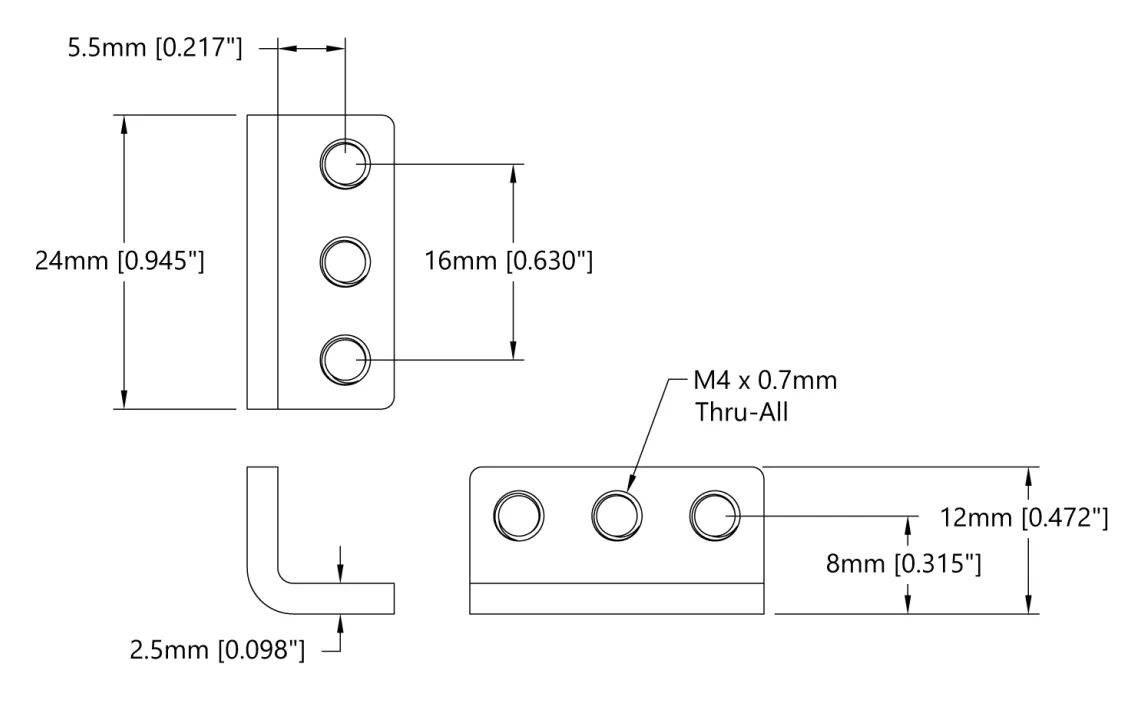 Threaded Steel L-Bracket (3 Hole) - 4 Pack technical drawing
