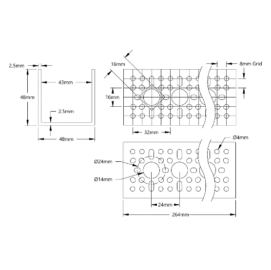 3120 Series U-Channel (10 Hole, 264mm Length) technical drawing