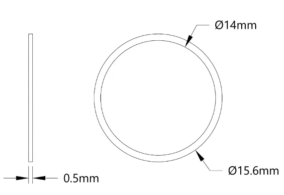 4807 Series Stainless Steel Shim (14mm ID x 15.6mm OD, 0.50mm Thickness) technical drawing
