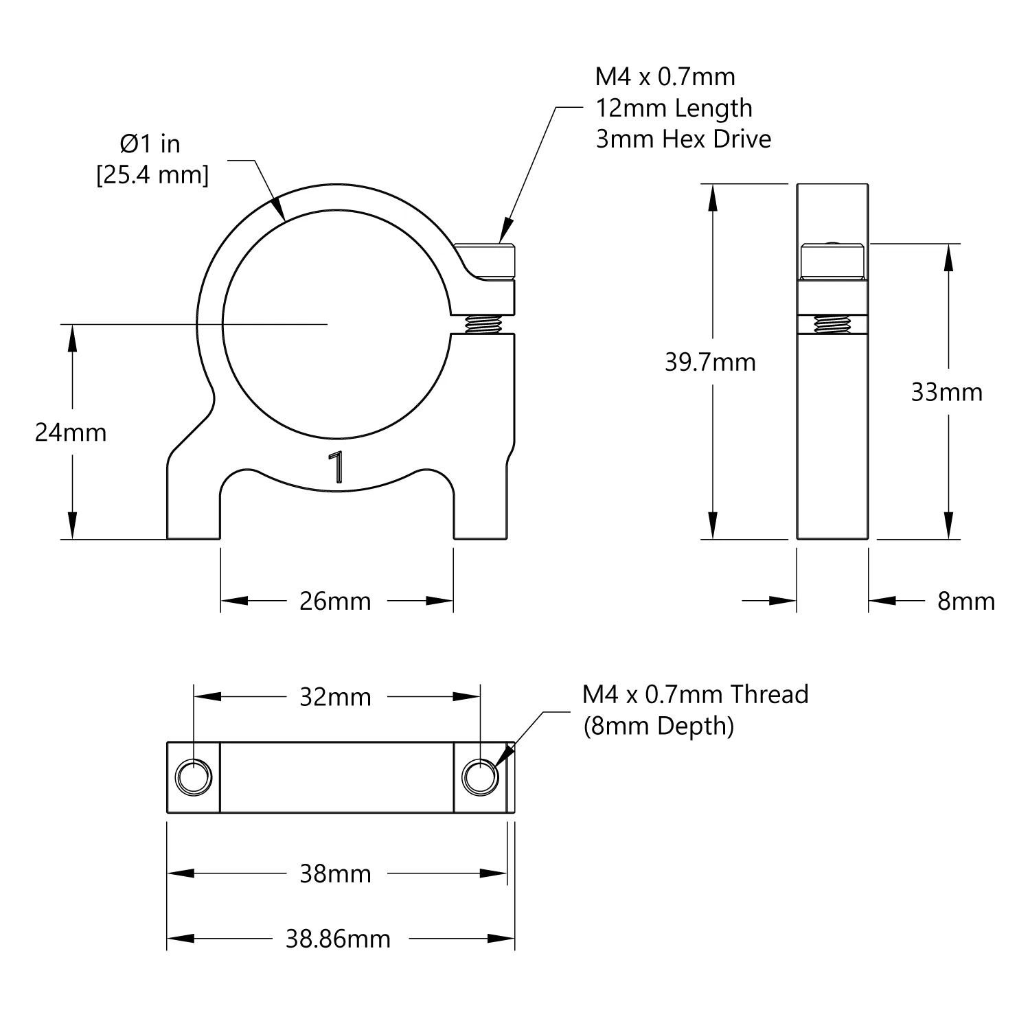 1400 Series 1-Side, 2-Post Clamping Mount (1" Bore) technical drawing