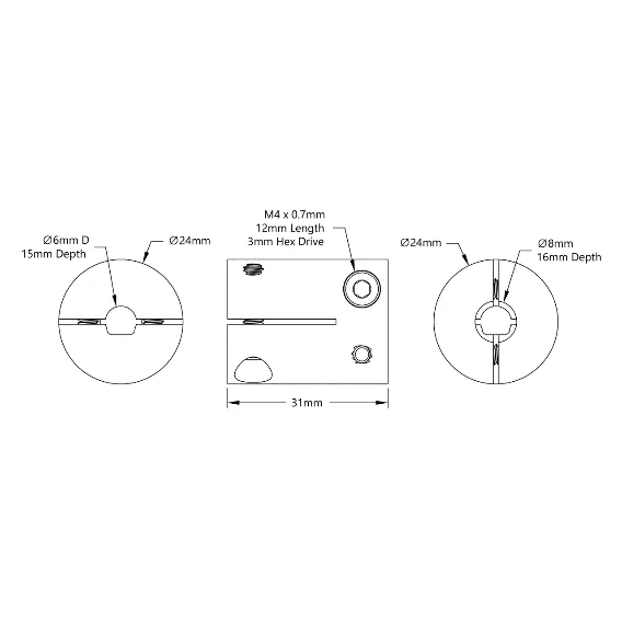 6006 Series Hyper Coupler (8mm Round Bore to 6mm D-Bore) technical drawing