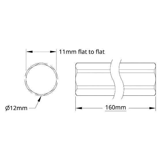 4102 Series Stainless Steel REX Shaft (12mm Diameter, 160mm Length) technical drawing
