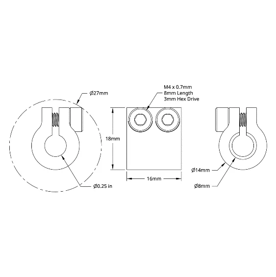 6000 Series Clamping Shaft Coupler (8mm Round Bore to 0.250" Round Bore) technical drawing