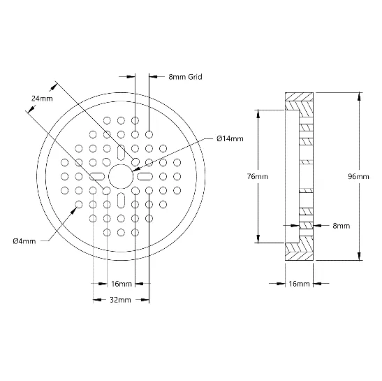 5612 Series Thin Rhino Wheel (14mm Bore, 96mm Diameter) technical drawing