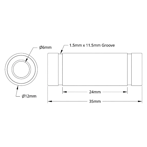 3612 Series Linear Ball Bearing (6mm ID x 12mm OD, 35mm Length) - 2 Pack technical drawing