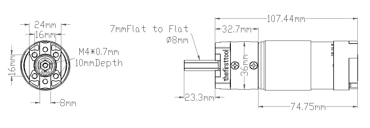 7203 Series Planetary Gear Motor (3.7:1 Ratio, 24mm Length 8mm REX Shaft, 1620 RPM, 3.3 - 5V Encoder) technical drawing