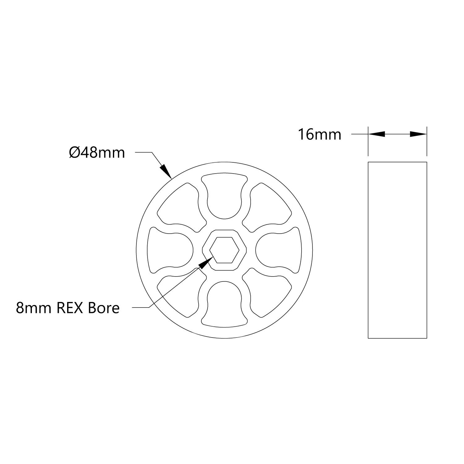 5613 Series Gecko™ Wheel (8mm REX Bore, 48mm Diameter) technical drawing