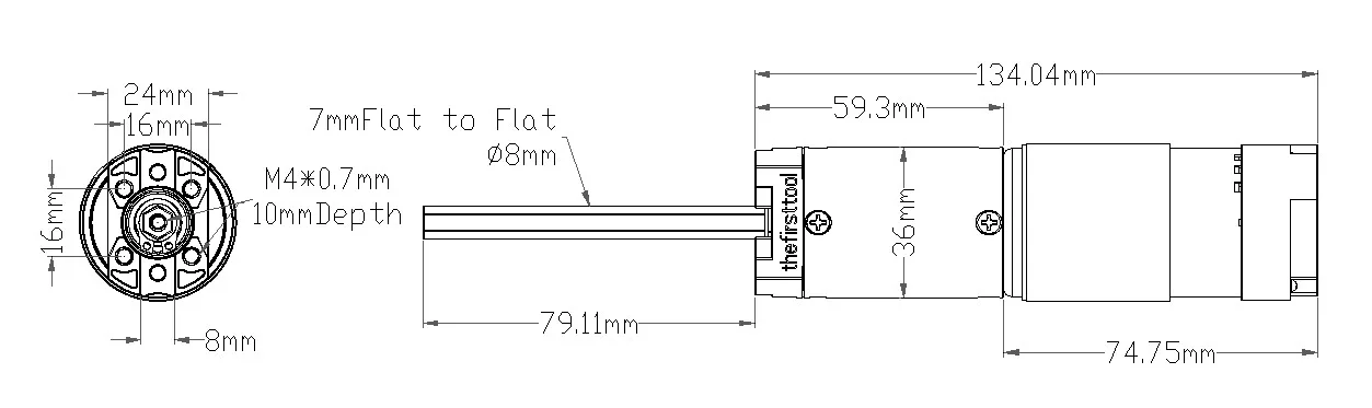 7204 Series Planetary Gear Motor (188:1 Ratio, 80mm Length 8mm REX Shaft, 30 RPM, 3.3 - 5V Encoder) technical drawing